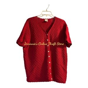 Emma James Short Sleeve Crochet Sweater Red Size‎ XL Button Front